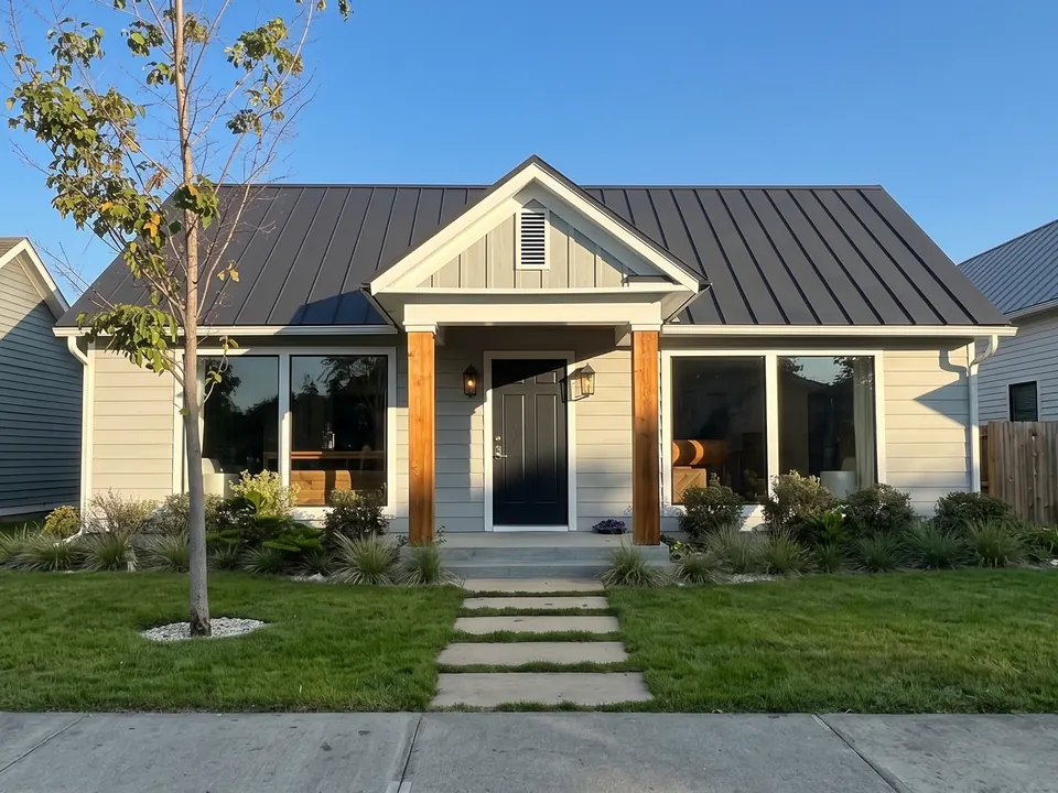 Single-story house with a new metal roof and wood porch posts, after the work